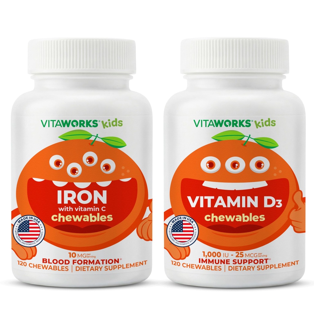 子供の鉄10mg +ビタミンCのChewables +ビタミンD3 1000 IUのChewablesの束