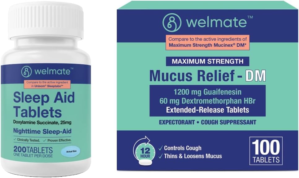WELMATEの風邪及びフル ナイトタイムの救助の束:マカスの救助DM 1200mg Guaifenesin及び60mg DXM (100 Ct)のための咳及び混雑の救助+ Doxylamineの琥珀酸塩25mgの睡眠の援助(200のタブレット)
