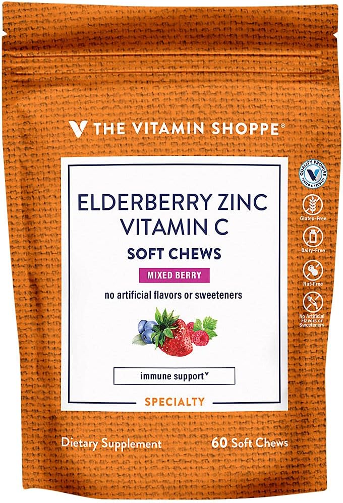 Elderberry, Zinc & Vitamin C Soft Chews - Immune Support - Mixed Berry (60 Soft Chews)