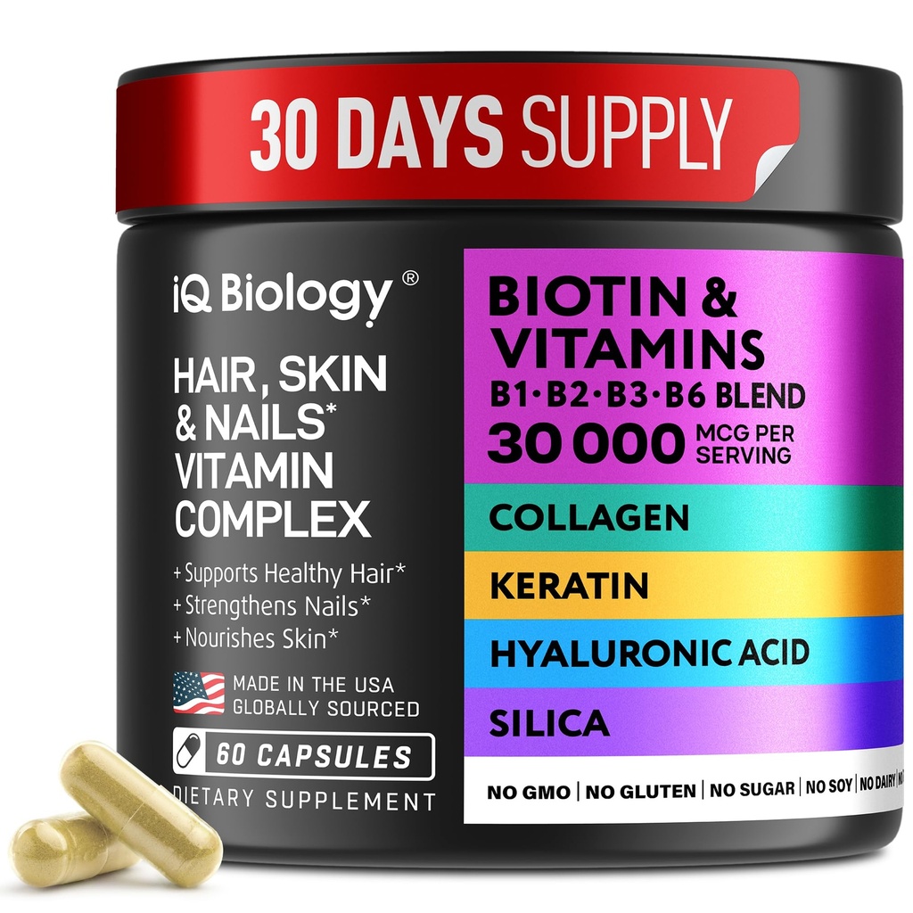 ケラチン、コラージュコンプレックス30000 mcg - 毛損失のためのカプセルとより強い厚さ - 皮膚&爪ビタミン、バイオチン10000mcgとコラーゲンサプリメント - 60Pills