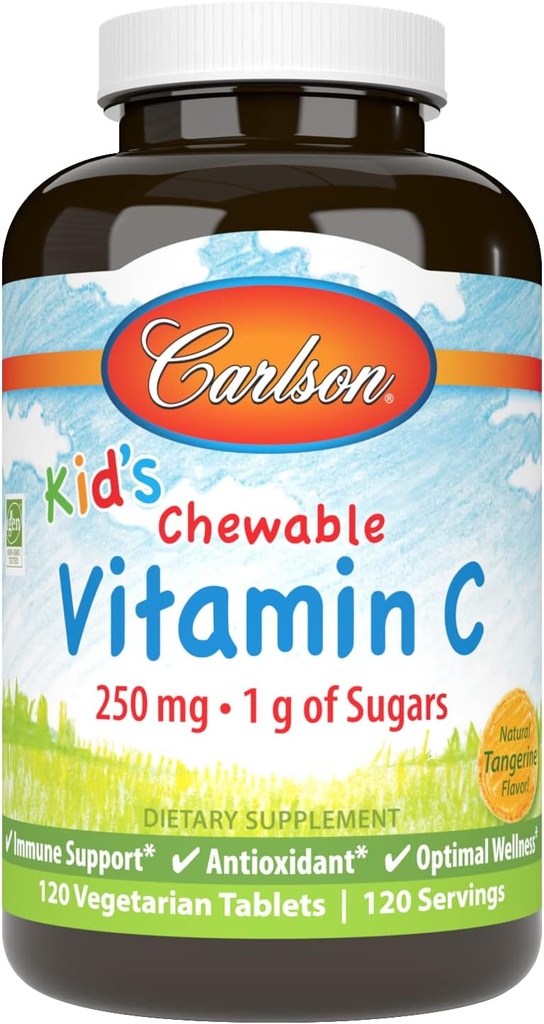 Carlson - Kid's Chewable Vitamin C、250mg、砂糖1g、免疫サポート&最適なウェルネス、抗酸化剤、タンジェリン、120ベジタリアンタブレット