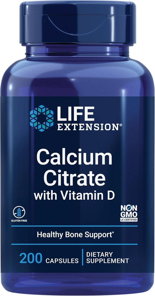 Life Extension Calcium Citrate with Vitamin D, Super-absorbable Calcium to Support Optimal Bone Health, Gluten-Free, Non-GMO, 200 Capsules