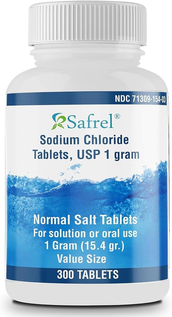 Safrel Sodium Chloride Tablets 1 gm, USP | Normal Salt Tablets | (15.4gr.) | Electrolytes Replenisher Hydration Drink (300 Count (Pack of 1))