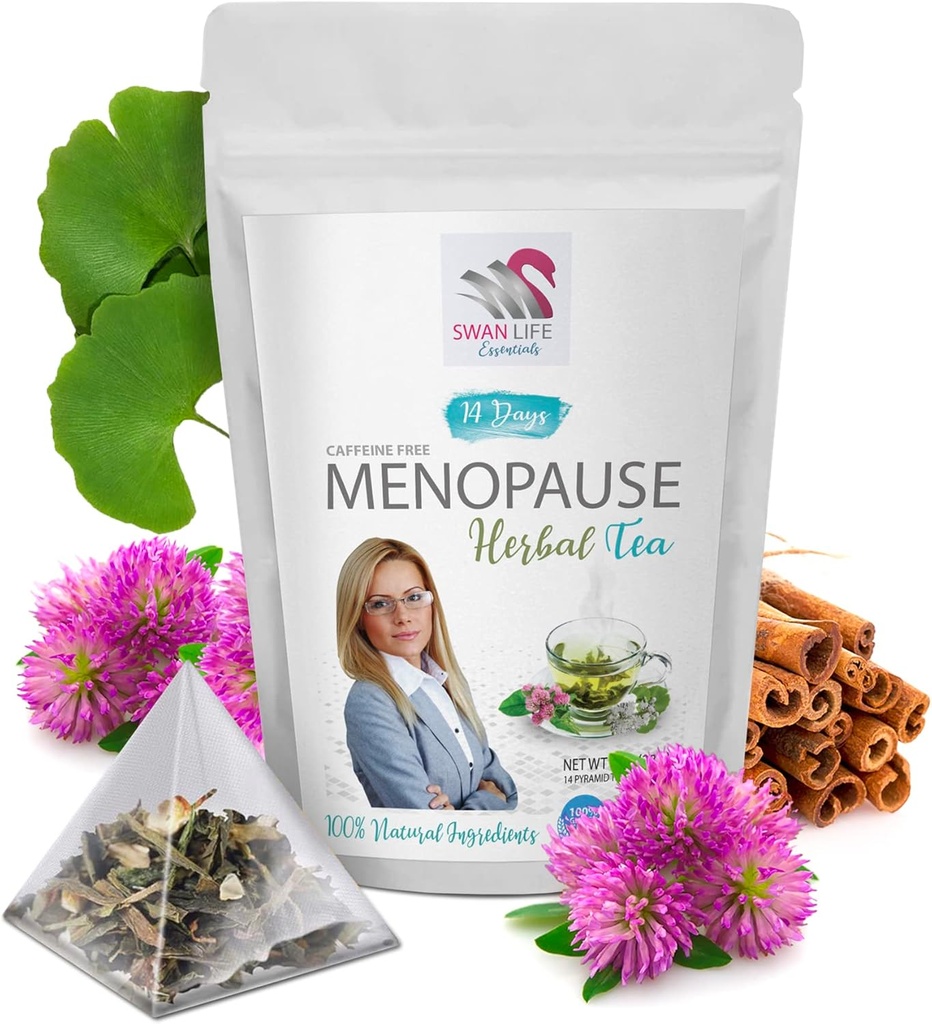 更年期の救済 - MENOPAUSE TEA 14 DAYS - 女性のための更年期の救済、女性のための更年期障害の緩和、黒コホッシュ、ジンコ、赤いクローバー、シナモンチップ、緑茶、甘草1パック14バッグ