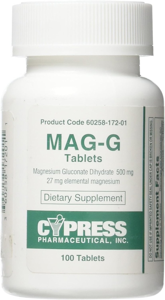 Mag-G Tablets Magnesium Gluconate Dietary Supplement 100 Tablets Per Bottle