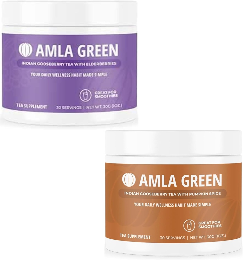 Amlaパウダー&グリーンティースーパーフードサプリメントエルダーベリー&カボチャスパイス、オーガニック、ビーガン、30サービング