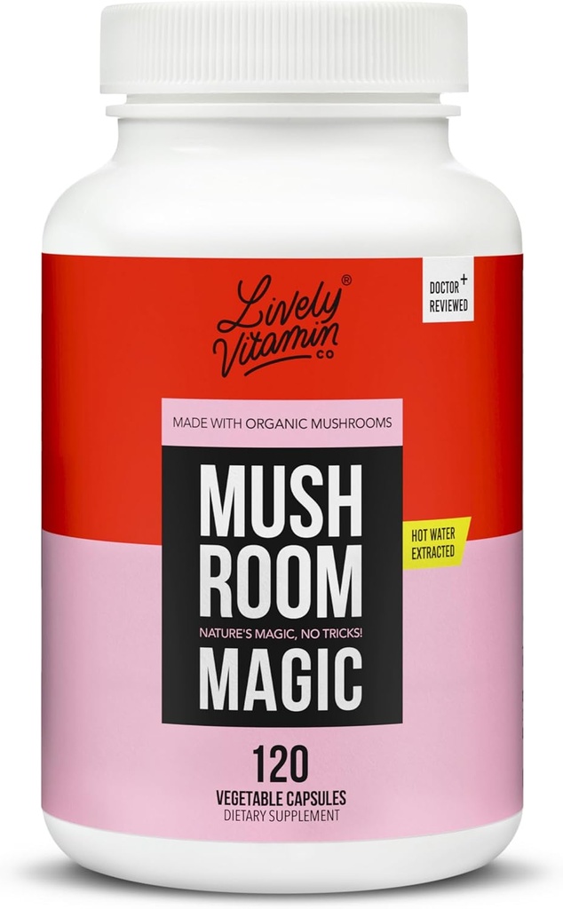 LIVELY VITAMIN CO. Mushroom Magic - Chaga - Cordyceps - Lions Mane - Turkey Tail - Reishi - Shiitake - Maitake - Immune - Energy - Memory - Non-GMO - 120 Vegan Capsules