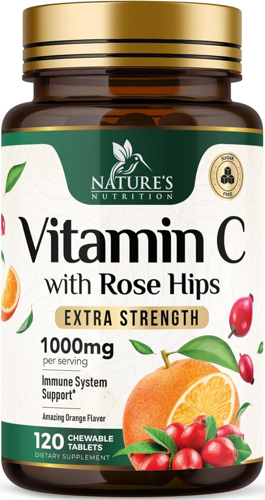Vitamin C Chewable 1000mg - Extra Strength Antioxidants for Powerful Immune Support w/Vitamin C & Rose HIPS - Potent Dietary VIT C Chews Supplement, Natural Orange Flavor, Vegan, Non-GMO - 120 Tablets