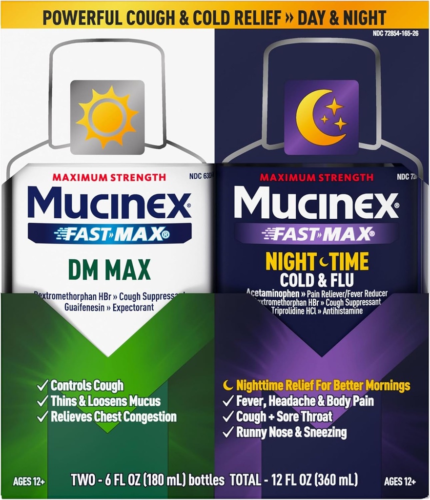 最高の強さ Mucinex FastMax DM 最高及び Mucinex のナイトシフトの風邪及びフル 液体(2 x 6 の fl。 oz。) 薄く及び緩い粘液は、咳を取り除きます及びウエストの混雑、苦痛、熱意、Sneezing、Sore Throat、Rony Nose