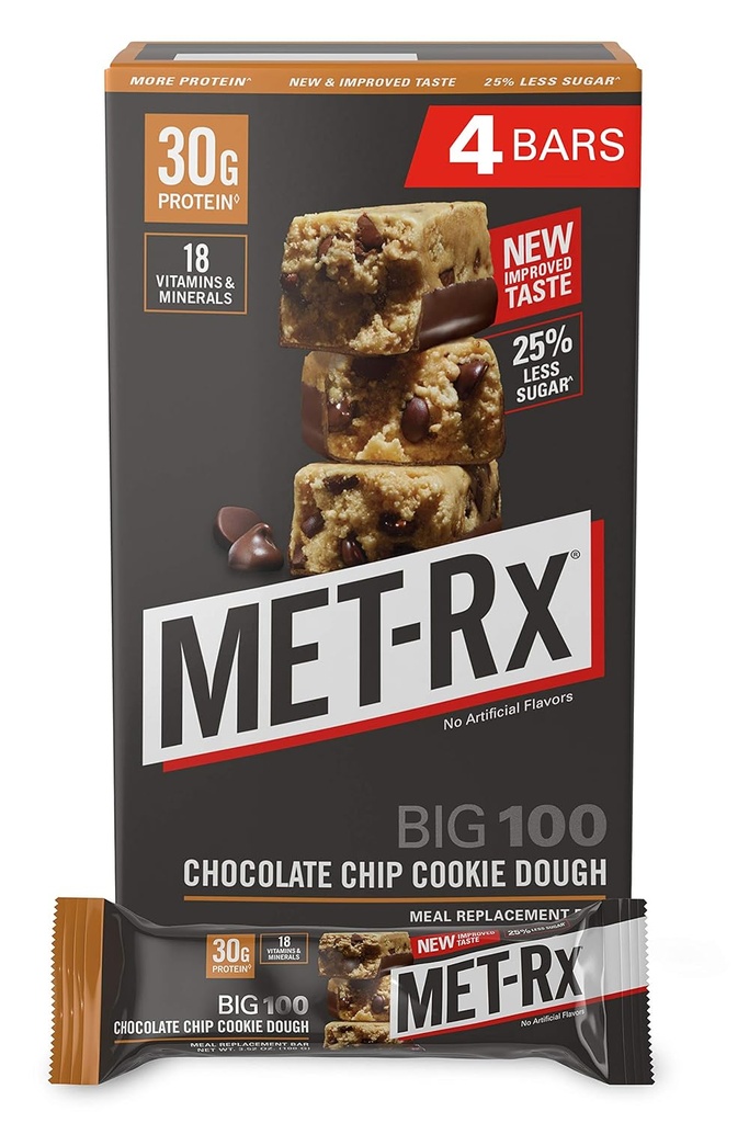 MET-Rx 大きい 100 の Colossal 蛋白質棒、健康な食事の取り替え、軽食および助け サポート エネルギー、グルテンフリーのチョコレート チップのクッキーのこね粉、100 g、4 の計算(包装の 5 月 Vary)