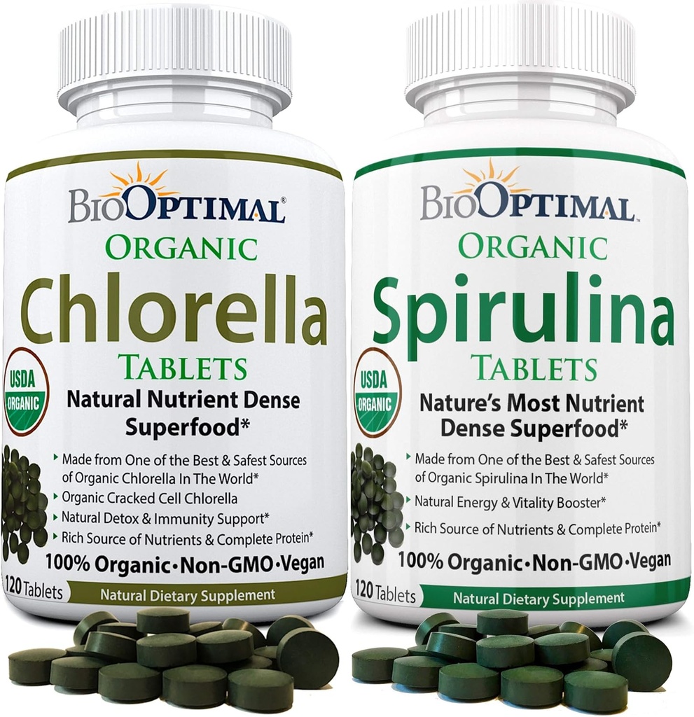 BioOptimal Chlorella Spirulina - Bundle - Organic Chorella Tablets & Organic Spirulina Tablets, 120 Count Each, Premium Quality 4 Organic Certifications