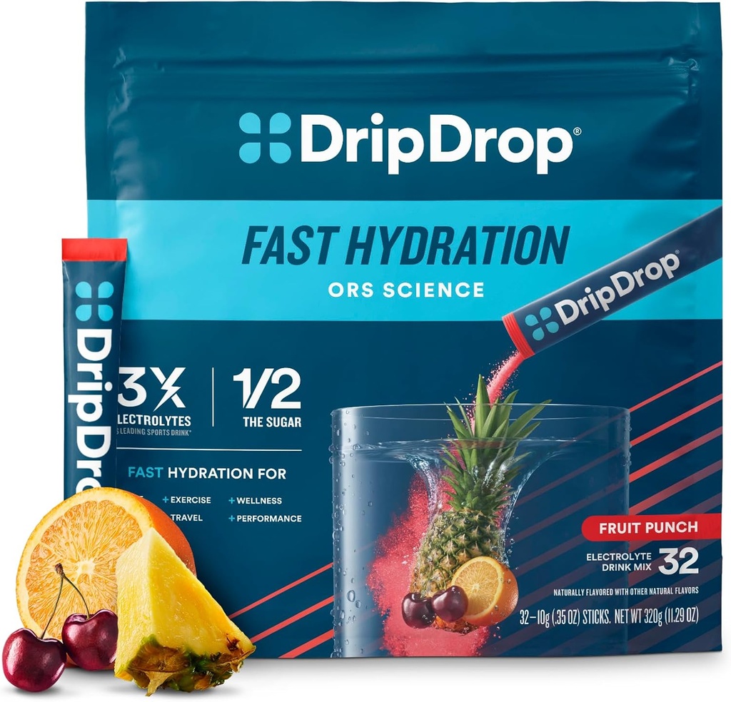 DripDrop 水分補給パケット - フルーツパンチ - シングルセルブ電解液パウダードリンクミックス - Non-GMO、グルテンフリー、ビーガン - 32スティック
