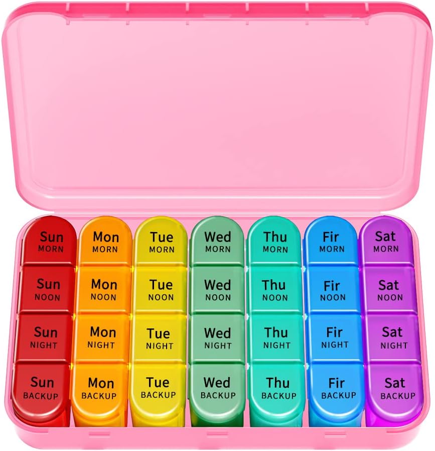 Weekly Pill Organizer, Large Pill Box Case (7-Day / 4-Times-A-Day) with Big Compartments to Hold Plenty of Fish Oils, Vitamins, Morning noon Night Medication Dispenser (Pink)