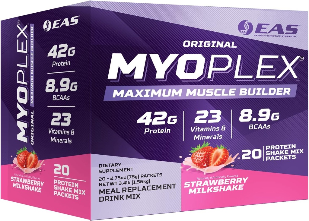 EAS Original Myoplex Maximum Muscle Builder | Meal Replacement Protein Drink Mix | Quality Protein Blend | 42g Protein | 20 Individual Packets (Strawberry Milkshake)