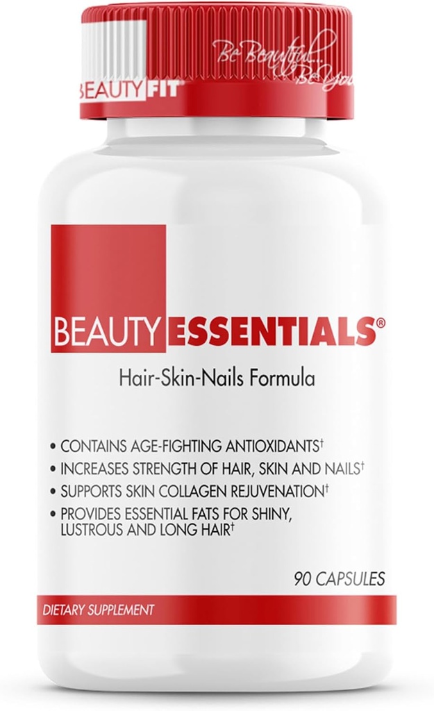 BeautyFit BeautyEssentials Hair-Skin-Nails Formula Capsules - Formulated with Vitamins and Antioxidants - Increases Strength of Hair, Skin, Nails - Provides Biotin, Zinc, Hyaluronic Acid - 90 Count