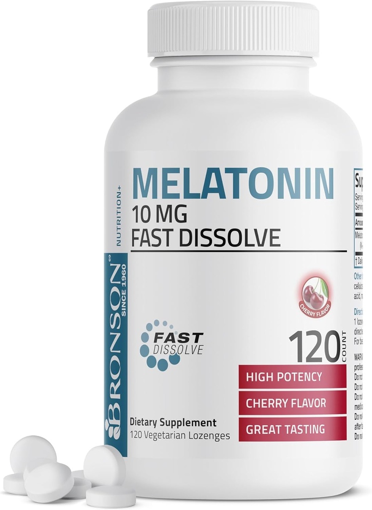 Bronson Melatonin 10mg Fast Dissolve Cherry Flavored Tablets Vegetarian Chewable Lozenges, 120 Count