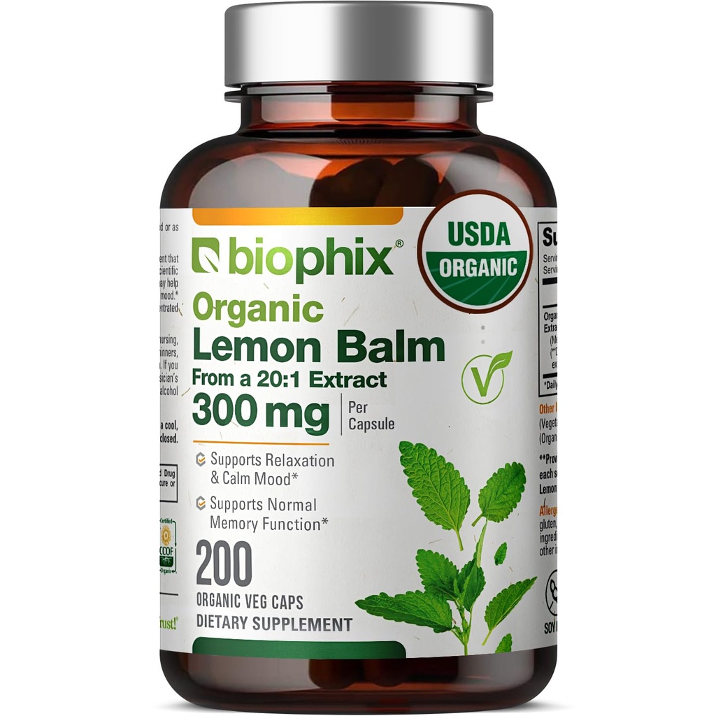 BiophixレモンバームカプセルUSDAオーガニック20:1エキス300mg 200ベジーキャップ - 認知健康ストレス睡眠気分のサポートナチュラルハーブサプリメント