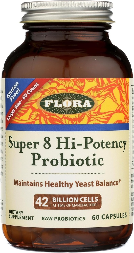 Flora - Super 8 Hi Potency Probiotics 60 Count - Healthy Yeast Balance & Digestive Health - for Men & Women - 42 Billion CFU, Raw, Gluten Free - Up to 2 Month Supply