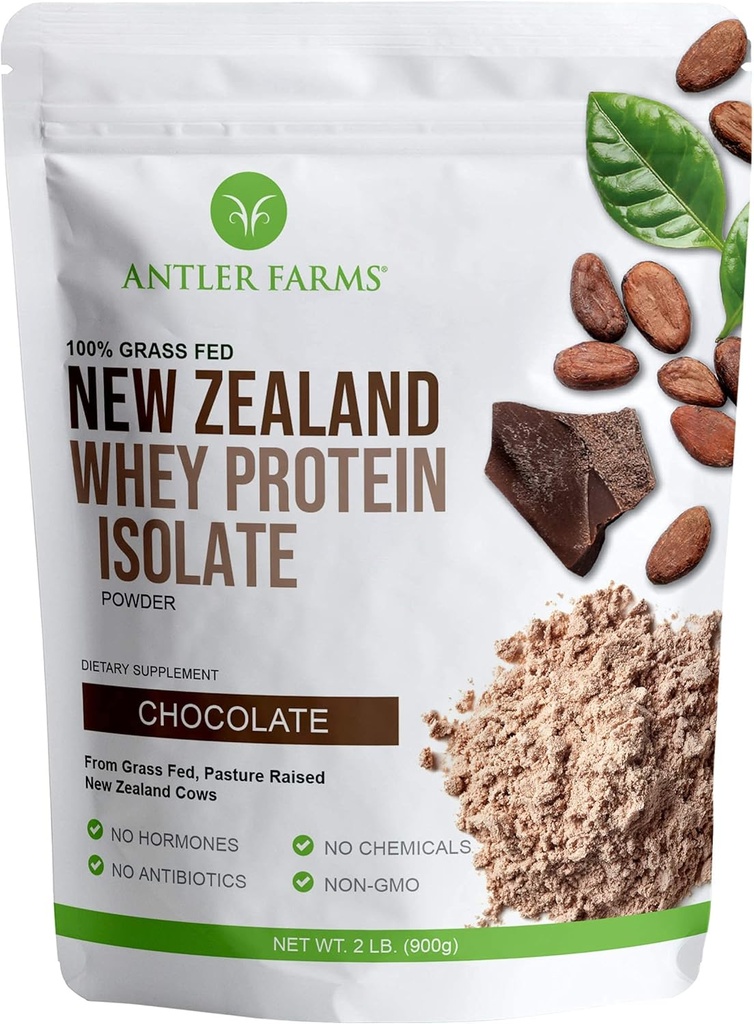Antler Farms - 100% Grass Fed New Zealand Whey Protein Isolate, Chocolate Flavor, 2 lbs - Pure and Clean, 4 Ingredients, Delicious, Cold Processed