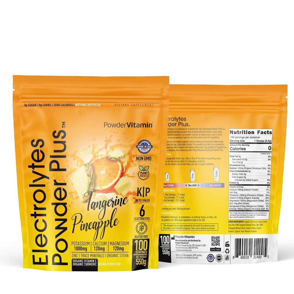 PowderVitamin の電解質の粉のプラス (100 のサービング) タンジェリンのパイナップル 電解質の粉 ゼロ Calorie Keto,0Sugar、Maltodextrin、1000mg カリウム、120mg マグネシウム、水和の粉無し