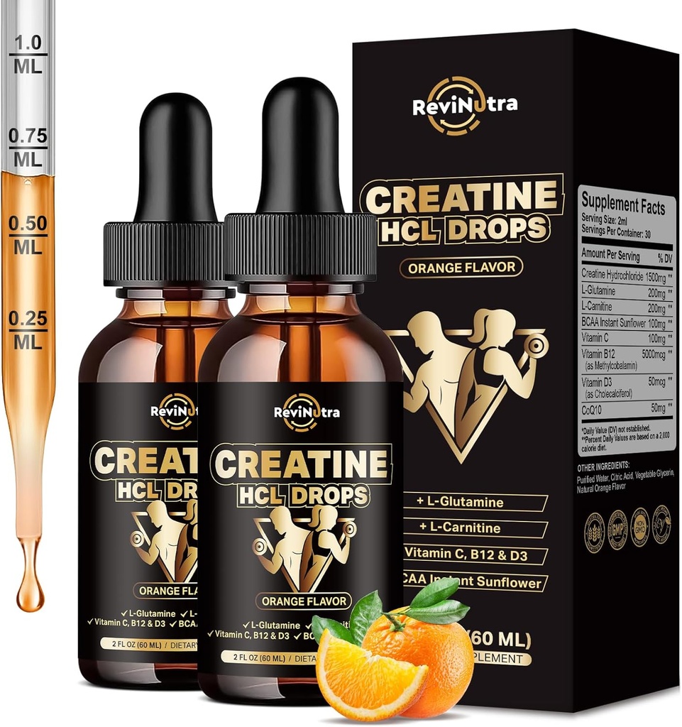 2 Pack Creatine HCL Liquid Drops for Men & Women, 1500mg Liquid Creatine Hydrochloride, High Absorption, 2 Fl Oz, Sugar-Free Orange Flavor