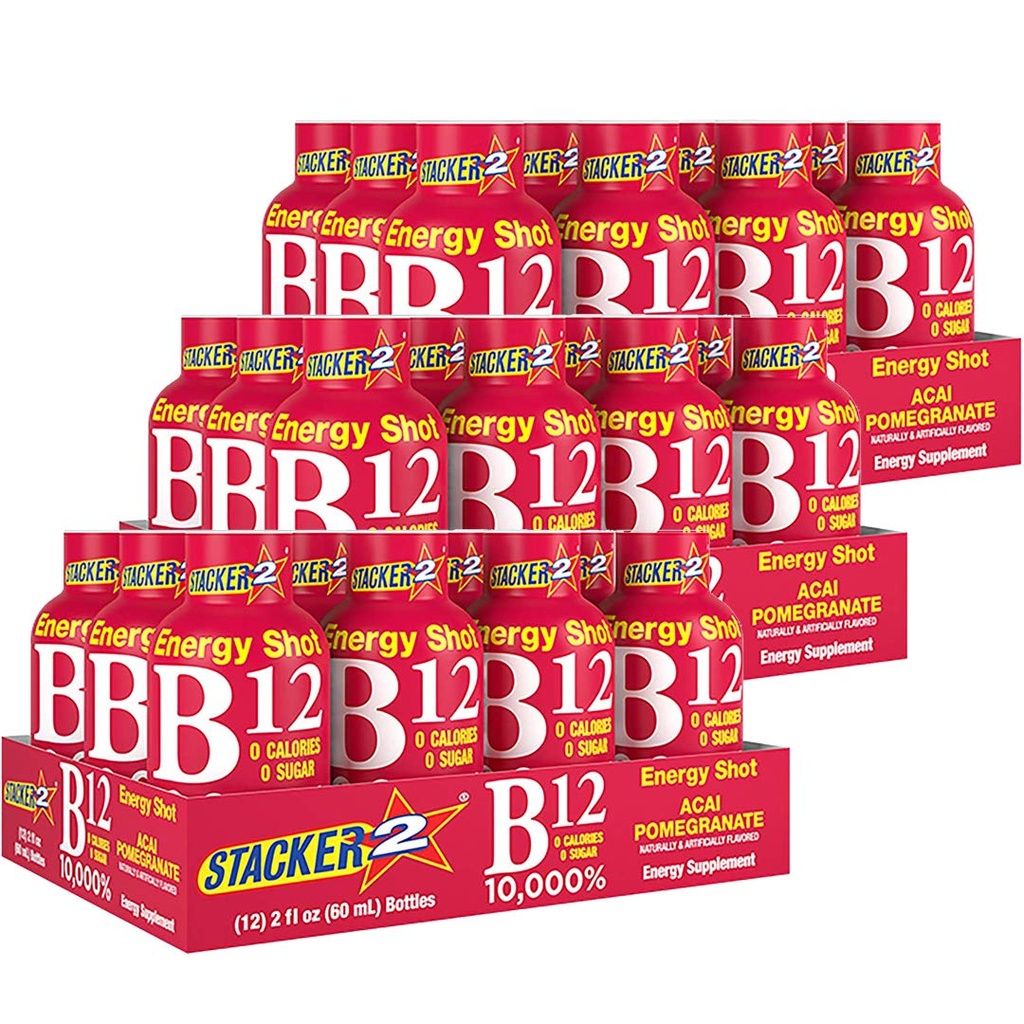スタッカー2ビタミンBコンプレックスB12 B6 B3液体エネルギーショット - アサイ&ザクロ - Cyanocobalamin、10,000% DRV - B-6ピリドキシン40mg - B3ナイアシンアミド(ナイアシン)20mg - ベースボックスバンドル(2oz、パック)