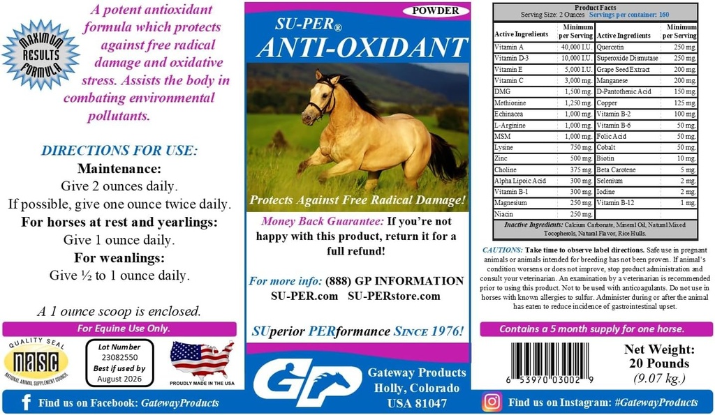 SU-PER Anti-Oxidant Supplement for Horses - Equine Vitamins & Essential Antioxidant Support - Combats Environmental Pollutants & Oxidative Stress - 20 Pounds, 5 Month Supply