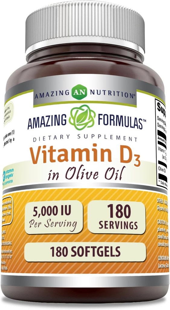 Amazing Formulas  Vitamin D3 with Olive Oil  5000  IU Softgels Supplement | Non-GMO | Gluten Free | Made in USA (180 Count)