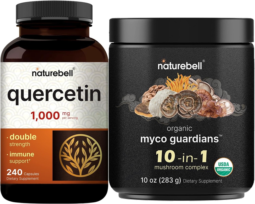 NatureBell Quercetin 1000mg / サービング&10 in 1マッシュルームパウダー、10ozバンドルパック | 超強度ケルセチンサプリメント | 免疫ブースター&脳の健康サポート