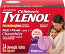 Children's Tylenol Chewables with 160 mg Acetaminophen, Pain Reliever & Fever Reducer for Kids' Cold + Flu Symptoms, Headache, Sore Throat & Toothache, Aspirin-Free, Grape Flavor, 24 ct