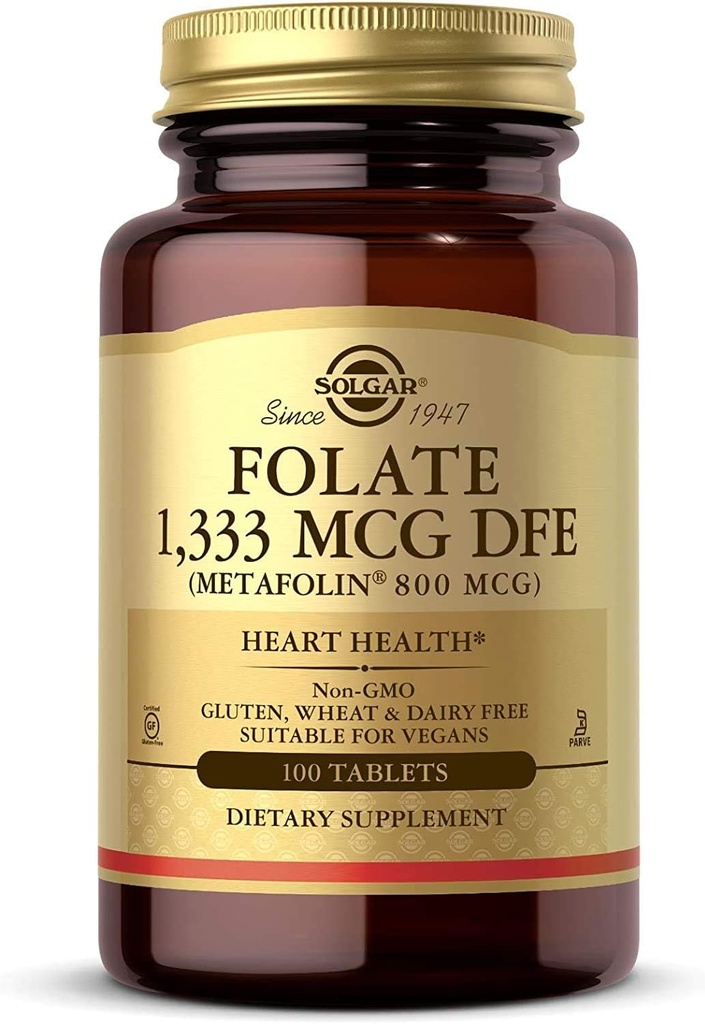Solgar Folate 1,333 mcg DFE, 100 Tablets - 800 mcg Bio-Active Metafolin - Heart Health - Non-GMO, Vegan, Gluten Free, Dairy Free, Kosher - 100 Servings