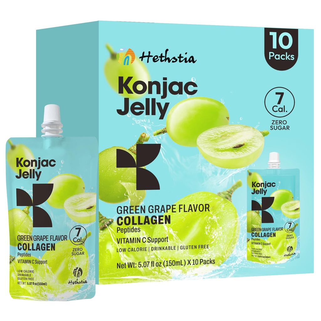 Hethstia Konjac Jelly Green Grape Flavor, 10 袋, 飲用 Grape Jelly with Collagen Peptides, 7 Kcal, 砂糖フリー, グルテンフリー, Keto, ヴィーガン, On-The-Go Chewy Light Snacks