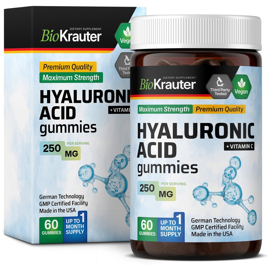 BIO KRAUTER Hyaluronic 酸グアミー w/ビタミン C - 250 mg - 60 ビーガン咀嚼 - ヒアルロン酸サプリメント - プレクチンベース