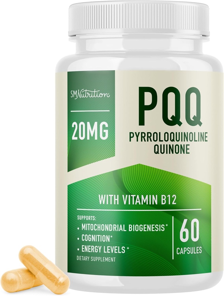 PQQQサプリメント20mg | コク10&ビタミンB12のミトコンドリアバイオジェネシス&エネルギーオプティマイザ | 脳の健康とミトコンドリア生産をサポート | ウルトラPQフォーミュラ | ヴィーガン、グルテンフリー | 60カプセル