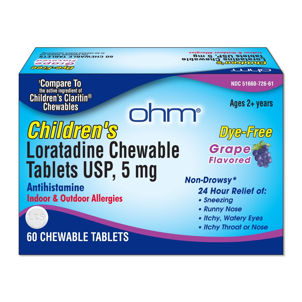 Ohmの子供のLoratadineのChewableタブレット、染料は、Sneezing、Ronyの鼻、Itchy水目の、Throatまたは鼻、Antihistamine、屋内及び屋外のアレルギー、5mg、60のタブレットの非眠気24h救助を解放します