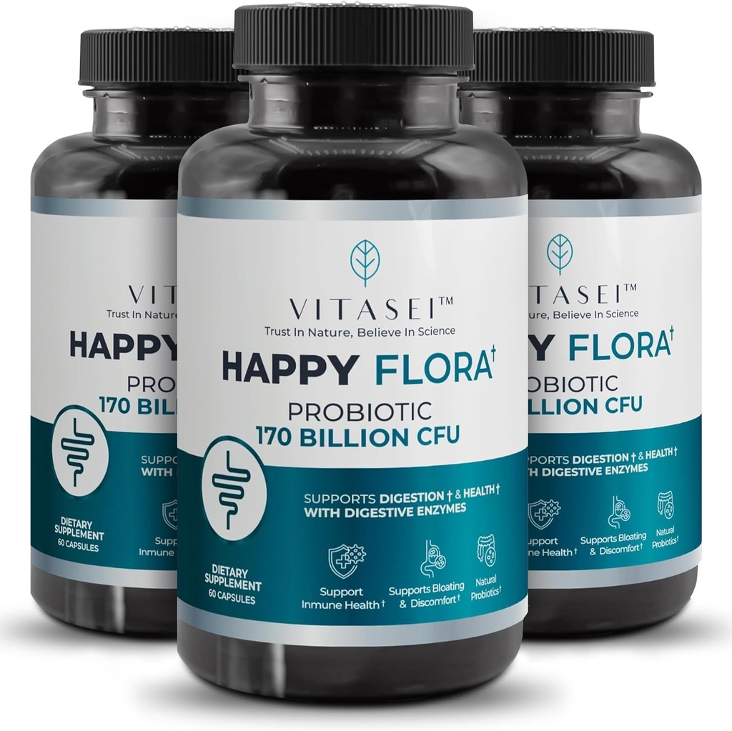 VITASEI Happy Flora、Probiotic Supplement 170 Billion CFU、Digestion、女性と男性のためのプロバイオティクス、3ボトル - 180カプセルのための酵素と健康な腸の健康