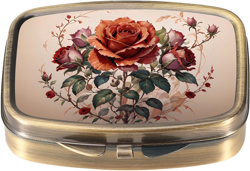 Dynippy Pill Case Pill Box with Mirror Retro Pocket 2 Compartment Medicine Case ビタミン ピル オルガナイザー for Pocket Purse and Travel (Flower 21)