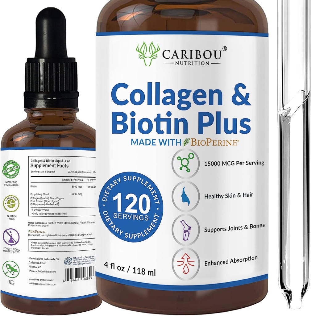 高められた吸収のためのBioPerineの液体のコラーゲン及び液体のBiotin - 10000mcgのコラーゲンの液体及び5000mcgのBiotinの液体-Biotinおよびコラーゲンの補足の女性の4か月の供給のための液体のコラーゲン