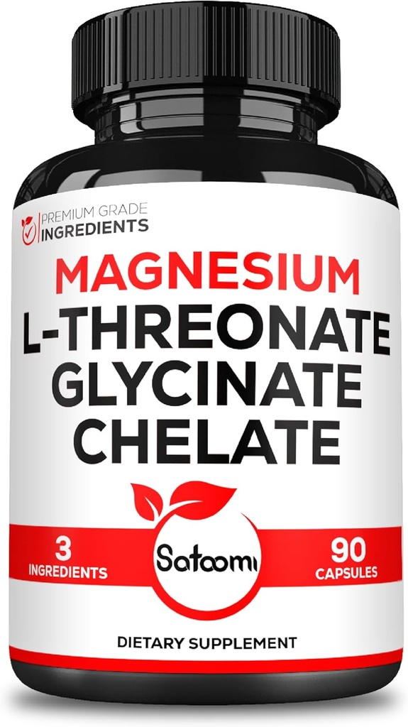 Satoomi 3in1 1200mg Magnesium L-Threonate Supplement with Magnesium Glycinate & Magnesium Chelate - 90 Capsules