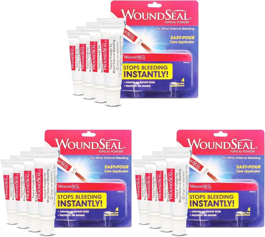 WoundSealパウダー4 各(3)のパック - 切口、スクレープ、擦り傷 - ステッチや包帯のない秒でBleedingを停止 - すべての年齢とペットの人々のために安全で効果的