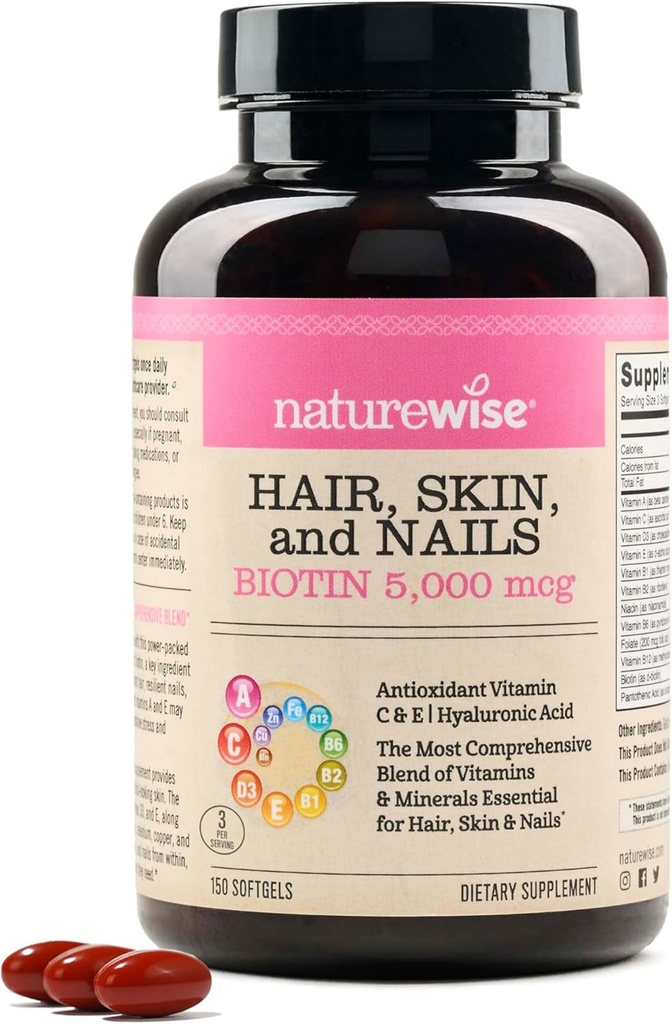 NatureWiseの毛皮および釘のビタミン、Biotin 5000mcg w/Hyaluronic酸、C、Bの複雑、D3、A、E、鉄-非GMOのグルテンフリー150 Softgels[50日の供給]