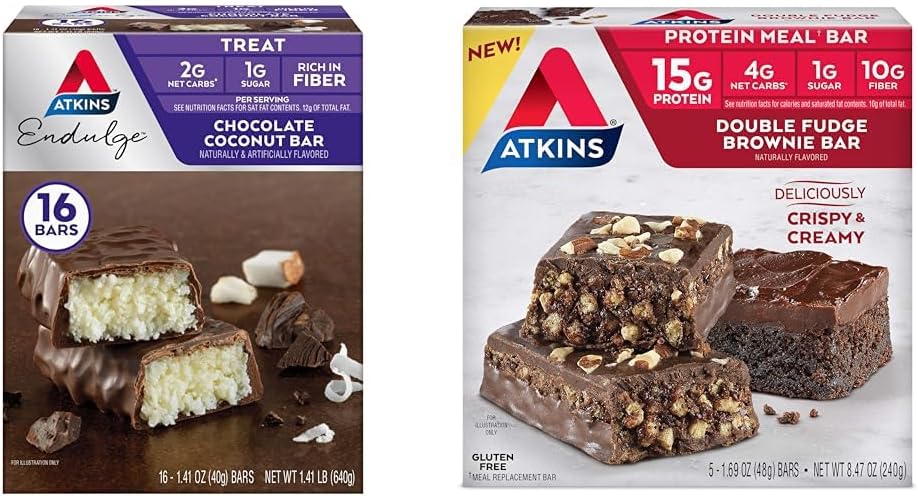 Atkinsチョコレートココナッツバー16カウント、ダブルファッジブラウニープロテインミールバー5カウントバンドル