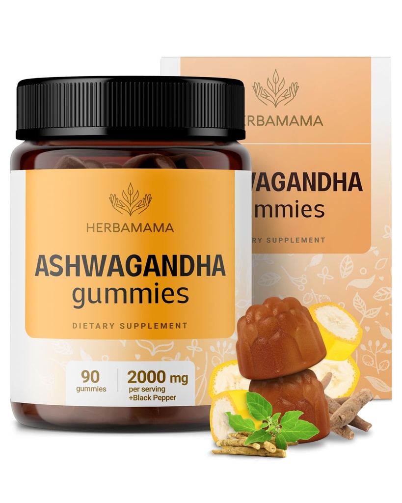 HERBAMAMA Ashwagandha Gummies - 2000mg純粋なアシュワガンダルーツと黒胡椒とムードサポート - ビーガン、非GMO Calmingサプリメント大人 - 90ペクチンベースのバナナ風味の咀嚼