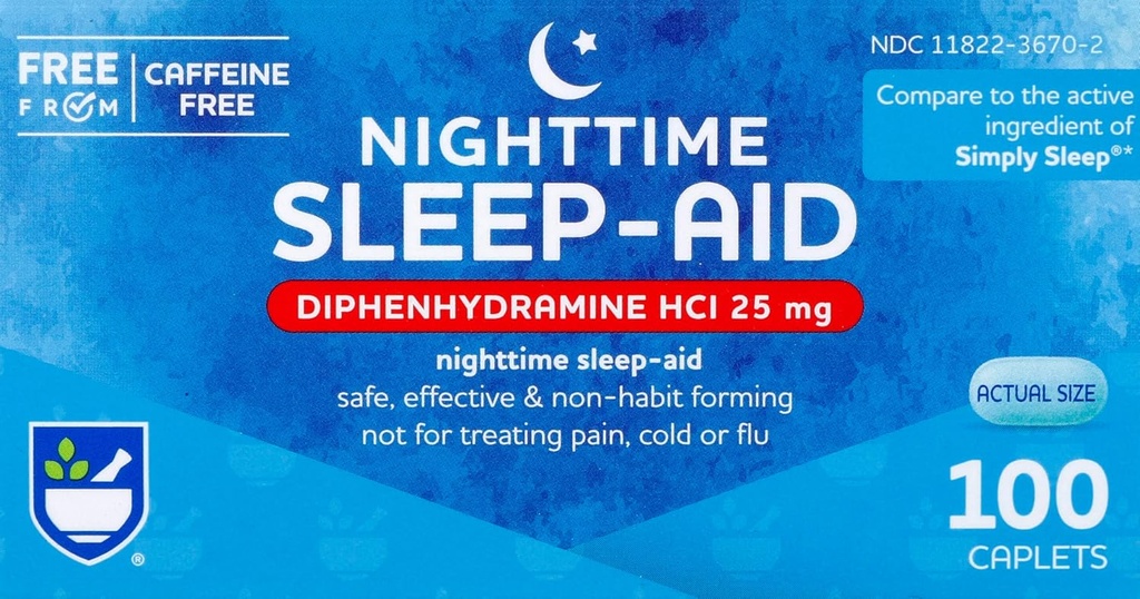 Rite Aid Nighttime Sleep Aid Diphenhydramine HCI 25 mg, 100 Mini Caplets | Non-Habitフォーミング 睡眠サプリメント | 不眠症のための最高の睡眠補助金 | 不眠症の救済と不安の救済項目 自然睡眠補助金