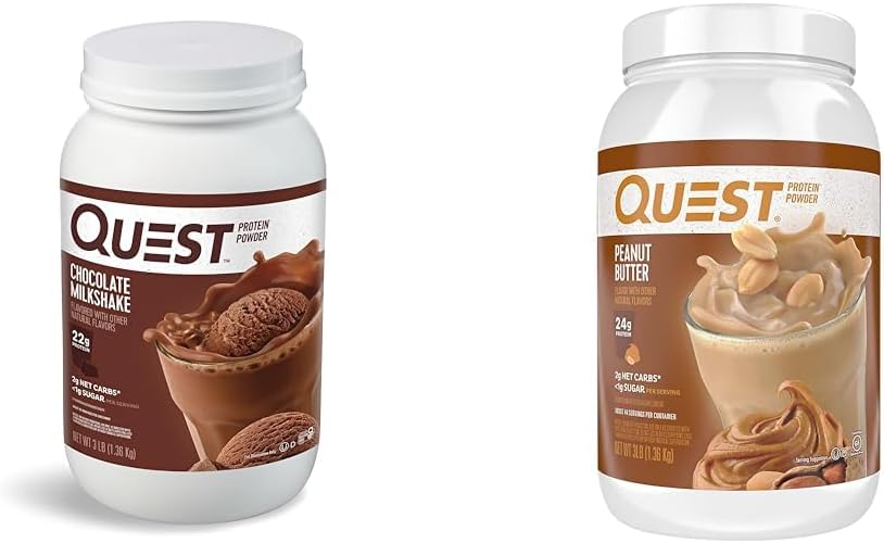 Quest Nutrition Chocolate Milkshake Protein Powder, 22g Protein, 1g Sugar, Low Carb, Gluten Free, 3 Pound, 43 サービング&ピーナッツバタープロテインパウダー, 23g Protein, 1g Sugar, Low Carb, Gluten Free