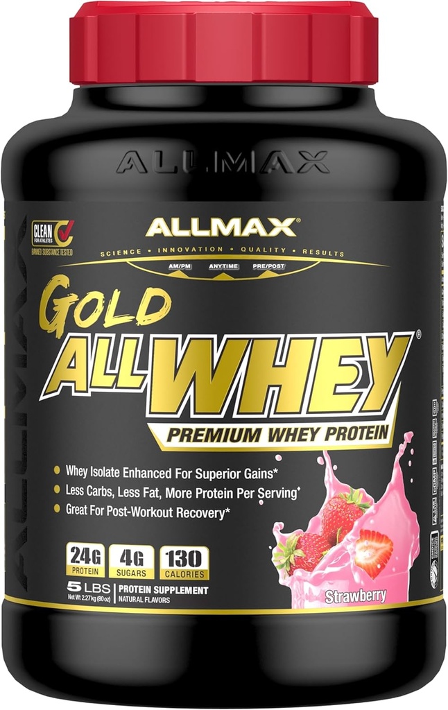 ALLMAX栄養 - ゴールドALLWHEYプロテインパウダー、強度と筋肉の利益のための乳液プロテインブレンド、ポストワークアウト回復、グルテンフリー、タンパク質、24グラム、イチゴ、5ポンド