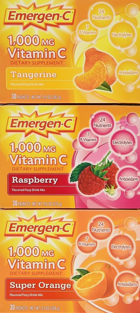 Emergen-C 1,000 mgのビタミンCの食事療法の補足の飲み物の組合せ、極度のオレンジ/ラズベリー/Tropical、90のパケット、純Wt。28.5のoz。