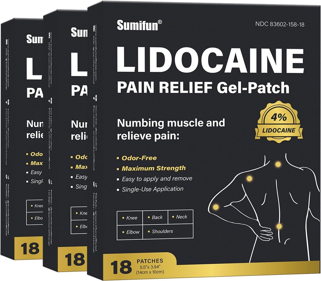 Sumifun 4% Lidocaine Pain Relief Patches - 54 Count Patches for Back, Shoulder, Muscle, Joints, Knee Pain Relief - Lower Back Pain Relief Products - Pain Patches Maximum Strength Lidocaine