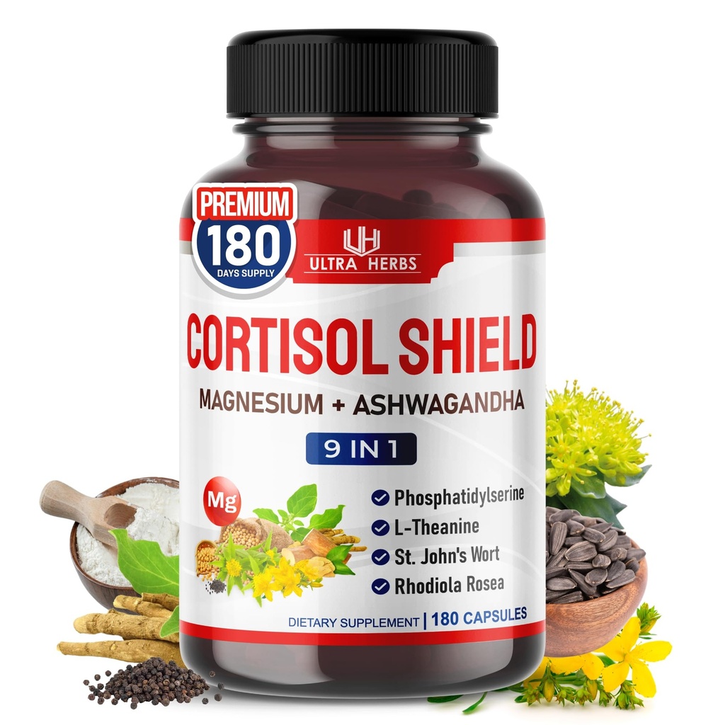CORTISOLシールド9イン-1 -マグネシウム+アシュワガンダとホスファティジルセリン、L-テアニン、セント。 John's Wort、Rhodiola Rosea - リラックスサポート、ホルモンバランス - 米国製(180カウント)