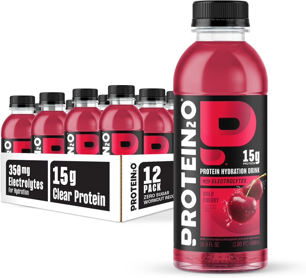 Protein2o Hydration Drink - 2-in-1 液体クリアウィープロテイン アイソレートと電解液ドリンク - 15g プロテイン、ビタミンB5、B6 - ポストワークアウトの回復 - 16.9 Fl Oz - 12カウントワイルドチェリー